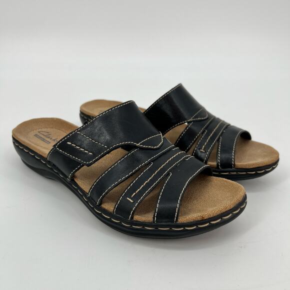 Clarks Shoes - Clarks Comfort Slide Sandals Womens 7M Black Leather White Whip Stitch Open Toe